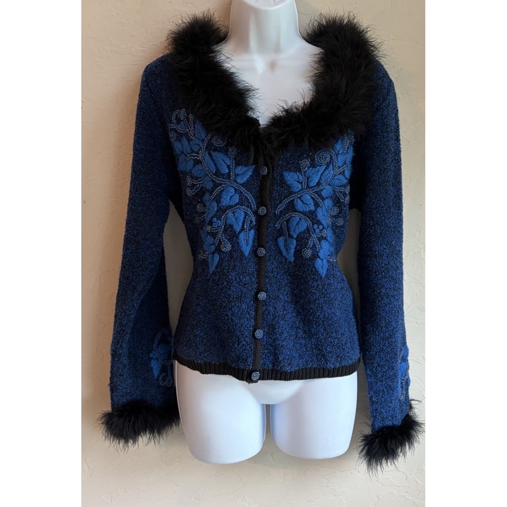 Vintage 90s Y2K Berek Beaded Embroidered Cardigan Sweater L Feather Whimsigoth